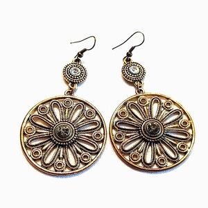 Vintage Double Circle Bronz Drop Earrings With Rhinestones